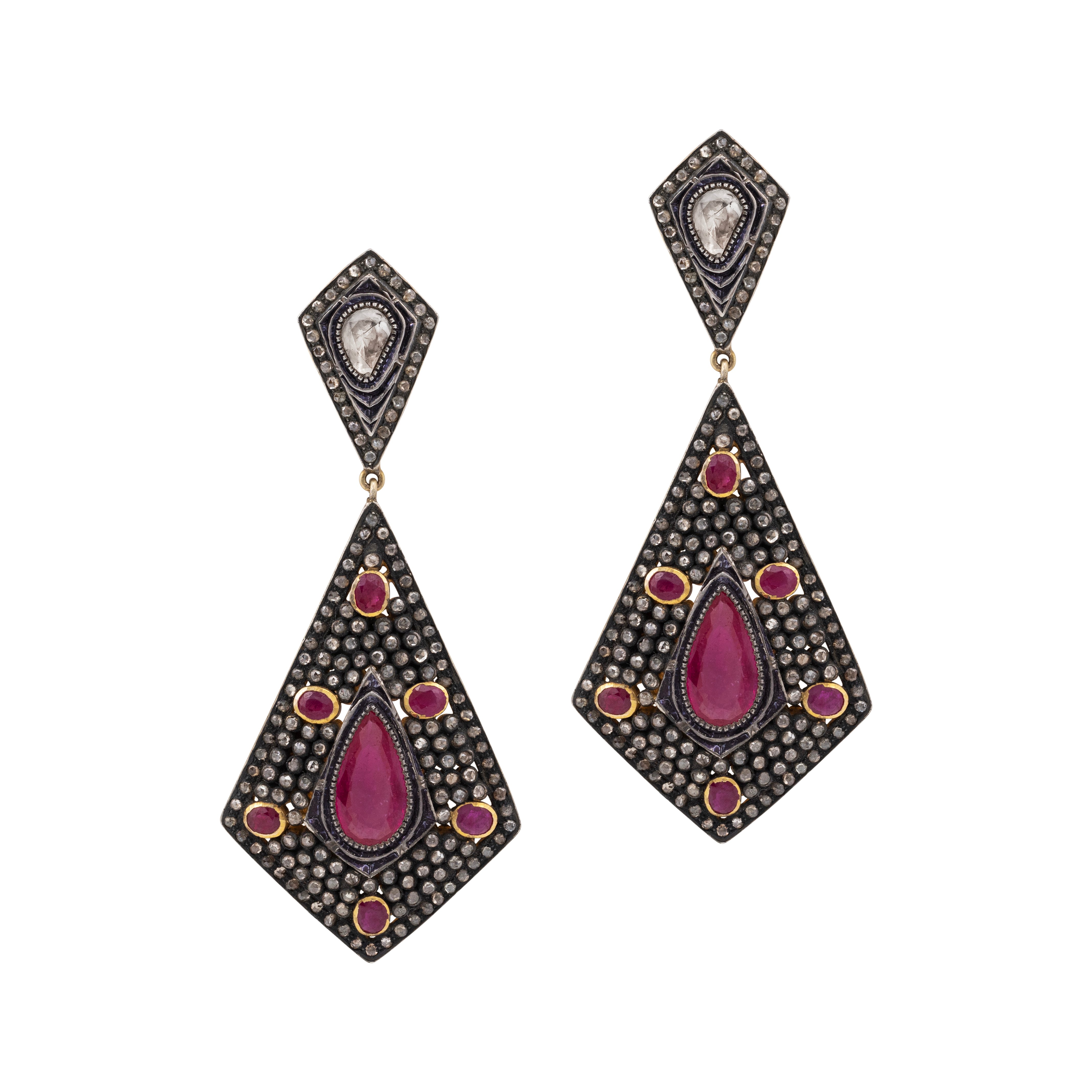 Kite-Shaped Antique Earrings with Ruby and Rose-Cut Diamonds